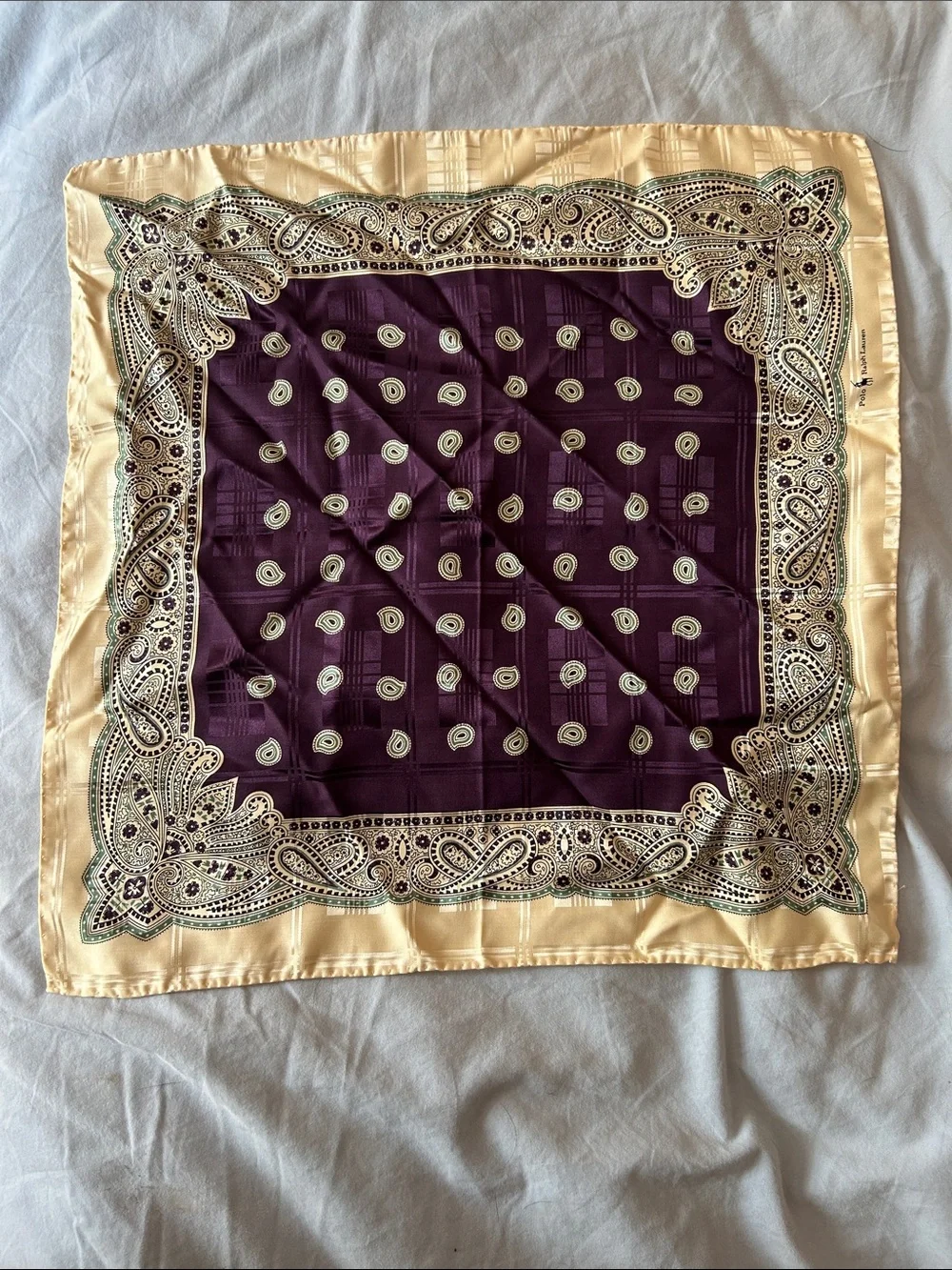Polo by Ralph Lauren VINTAGE Purple and Cream Paisley Silk Square Scarf